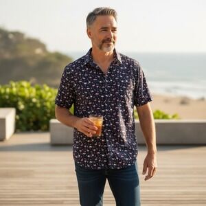 Lee Flamingo Print Shirt Mens XL Black Iris New Short Sleeve Button Down Viscose